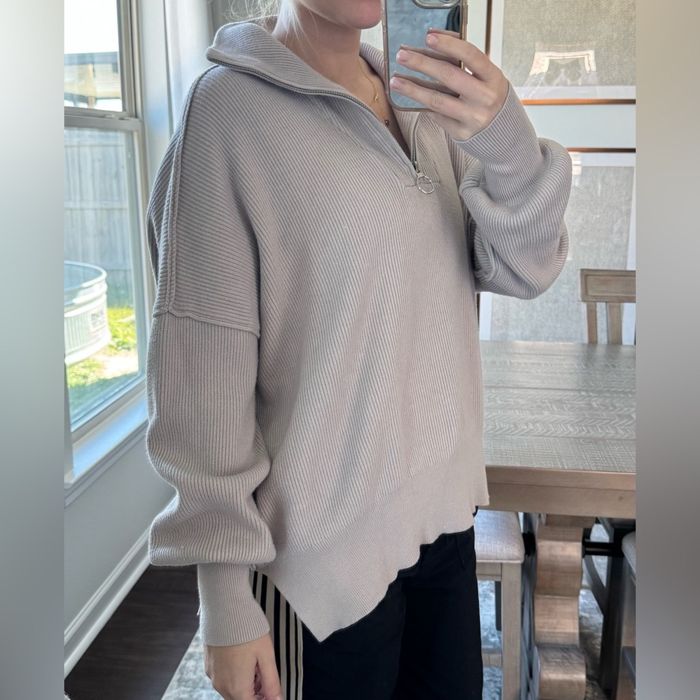 Oversize Thick Comfy Cozy Light Grey Ribbed Zip-Up Pullover Sweater - Picture 7 of 11